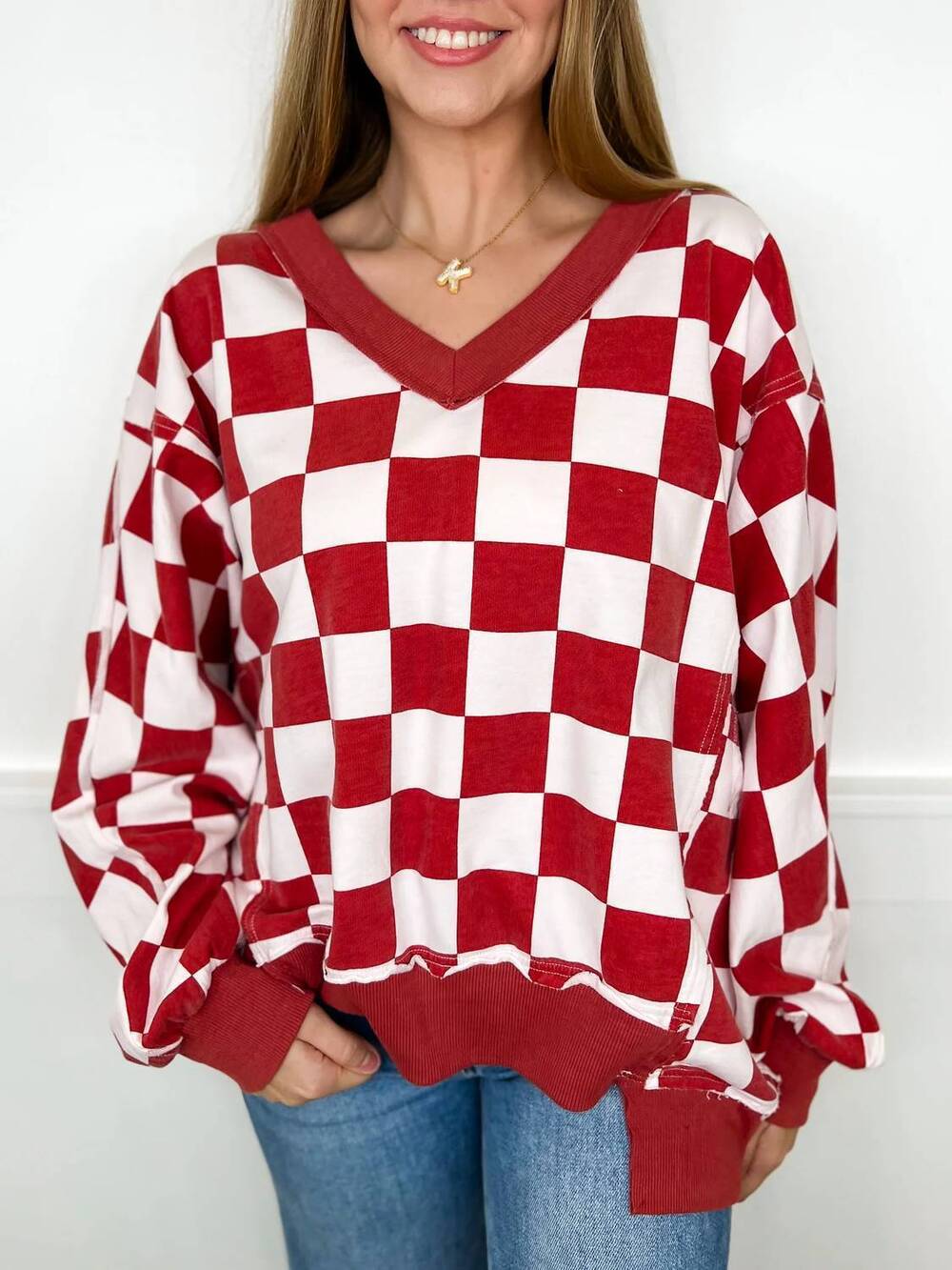 NEW ODDI ready to roll checkered long sleeve sweatshirt in brick red